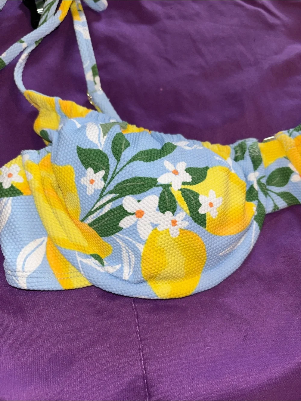 Time and Tru Light Blue & Yellow Lemon Print Tie-Shoulder Bikini